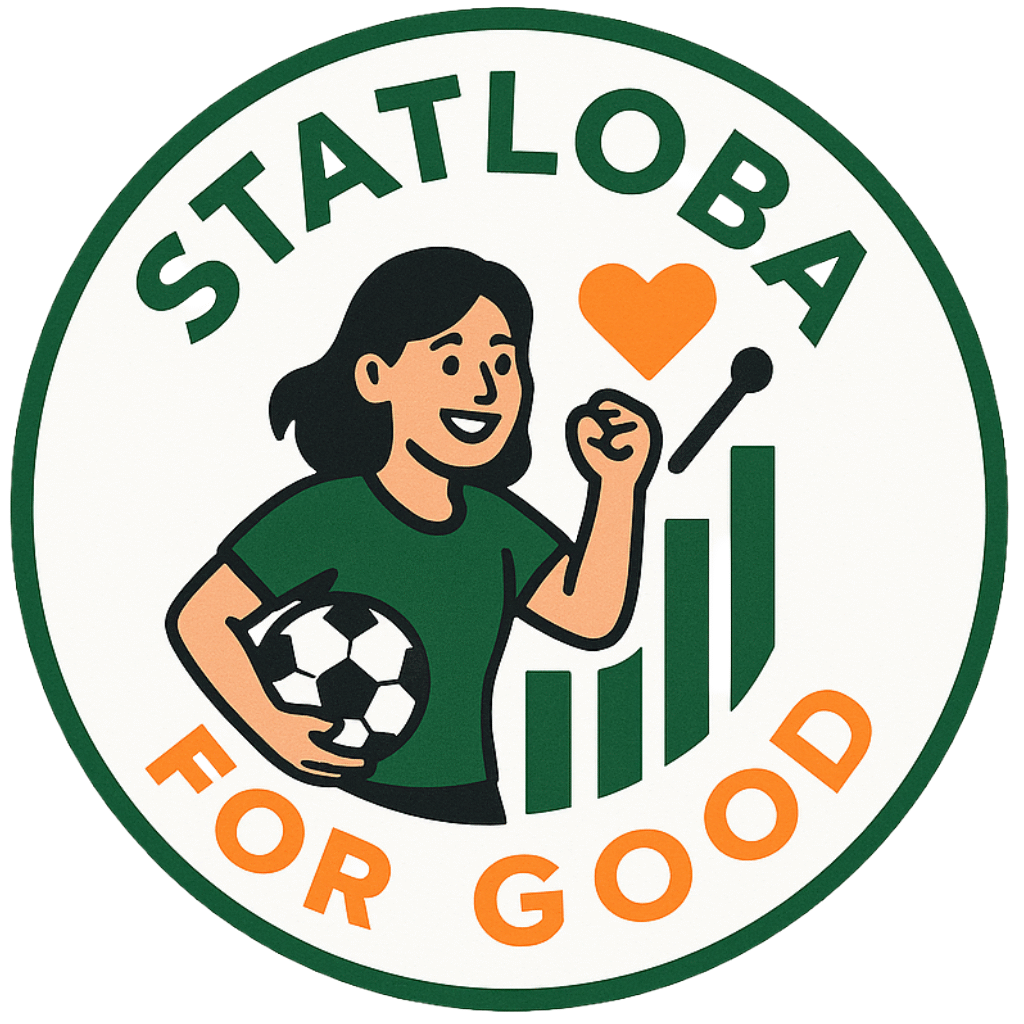 A smiling woman holding a soccer ball stands beside an upward-trending bar chart and an orange heart, encircled by the text "Statloba For Good"